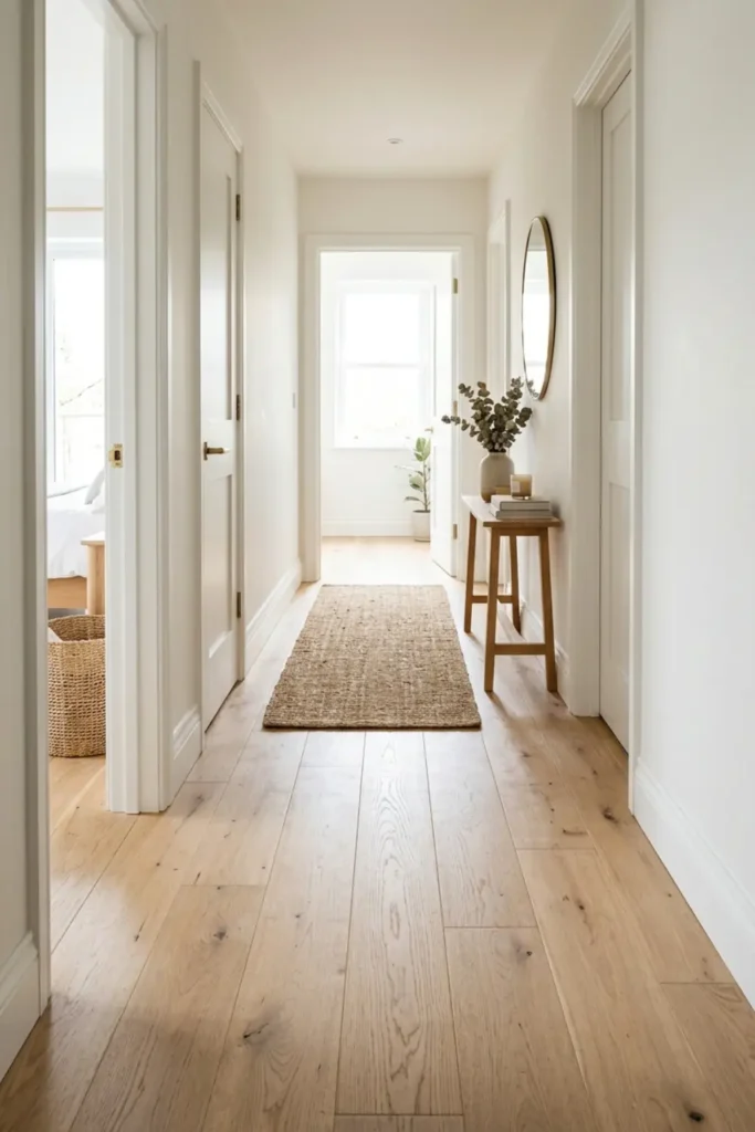 Light oak hardwood flooring running parallel down a long narrow hallway.