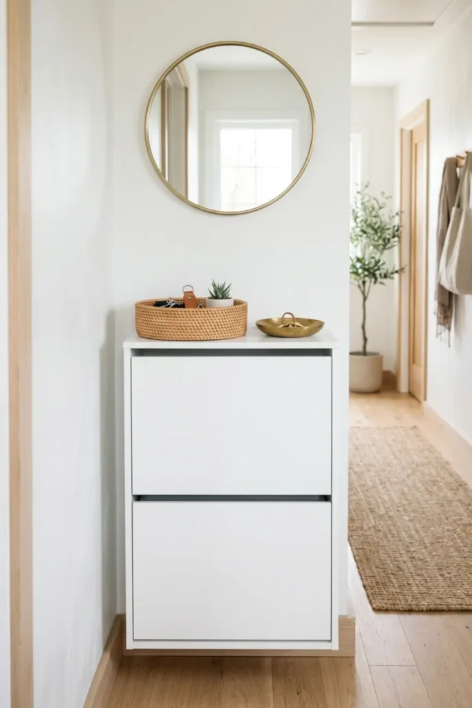 Ultra-slim tilt-out shoe storage unit in a tight entrance hall.
