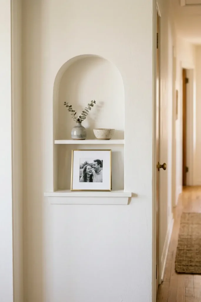 Recessed wall alcove shelf in a narrow entry corridor.