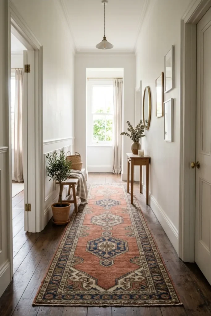 Vintage runner rug extending down a narrow front entrance hall.