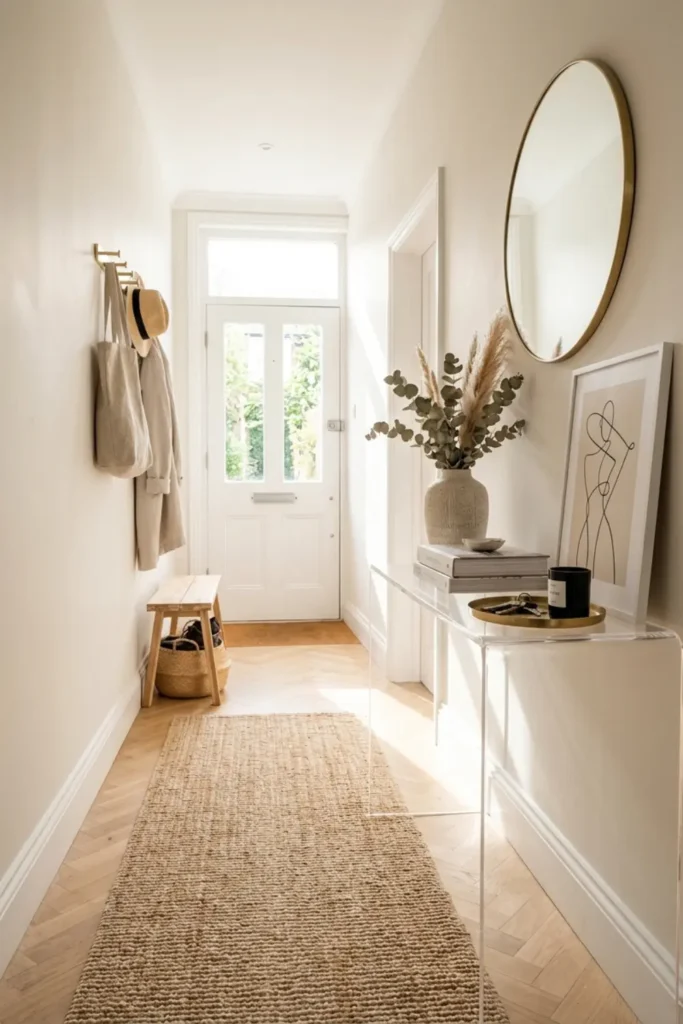 Transparent acrylic console table in a tight entryway space.