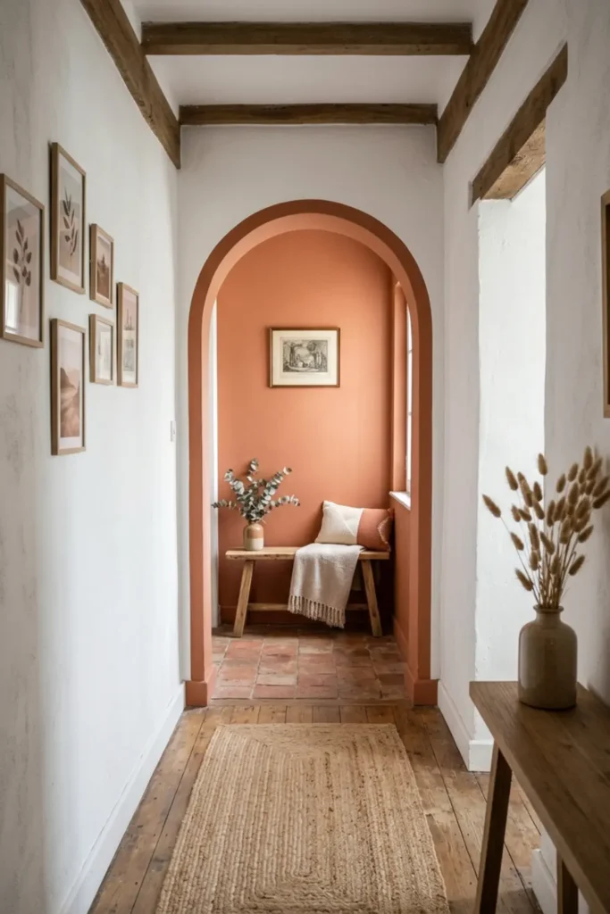 Painted accent archway on the end wall of a narrow hallway corridor.