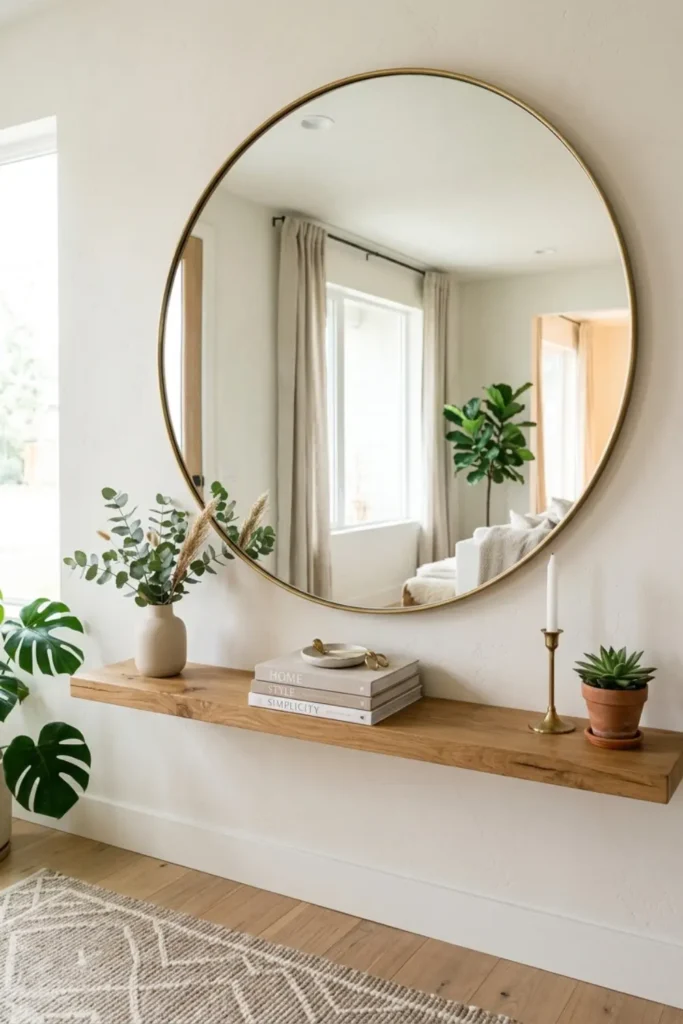 Large round mirror with a brass frame in a bright narrow foyer.
