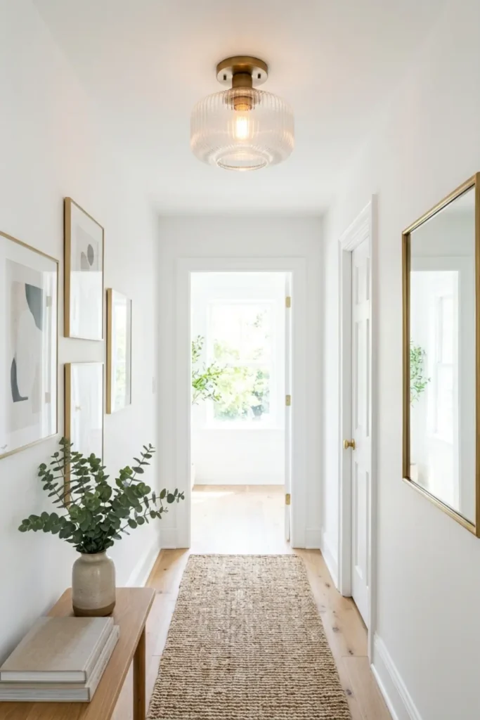 Modern clear glass semi-flush mount light fixture on a hallway ceiling.
