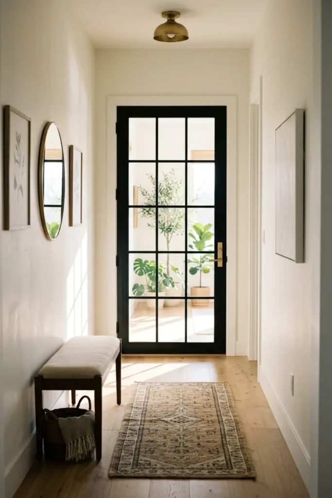 Glazed French glass door allowing sunlight into a narrow hallway.