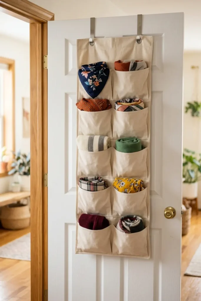 Neutral canvas over-the-door storage organizer on an open hallway door.
