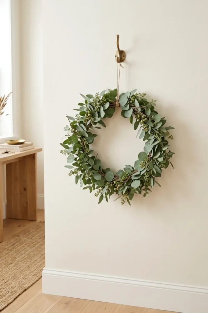 Simple eucalyptus wreath hanging on a brass hook in a narrow foyer.