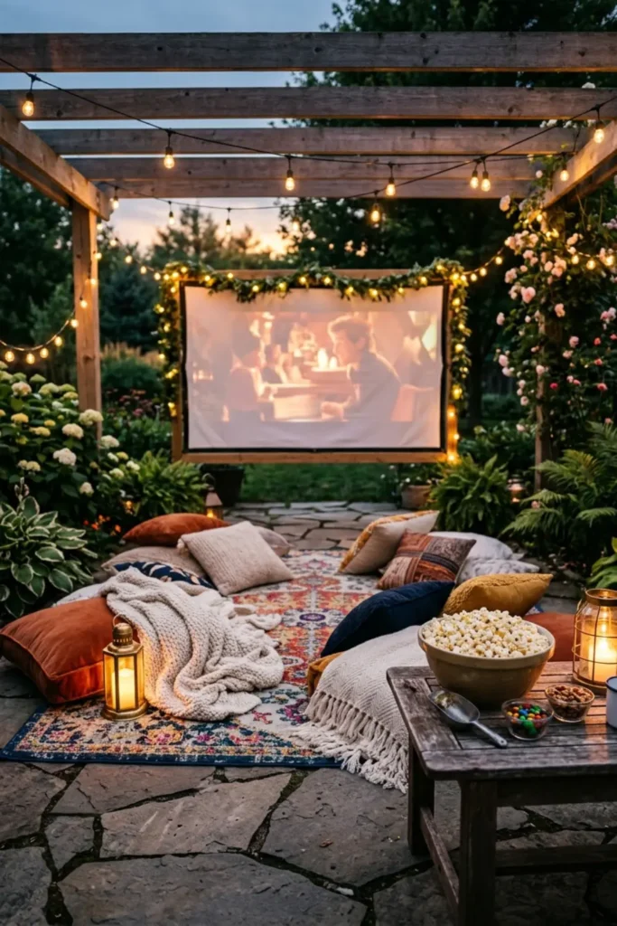 Patio set up for an outdoor movie night with a screen and floor cushions.