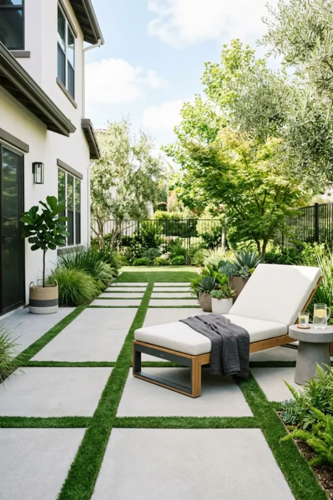 Large rectangular concrete pavers separated by strips of bright artificial turf.