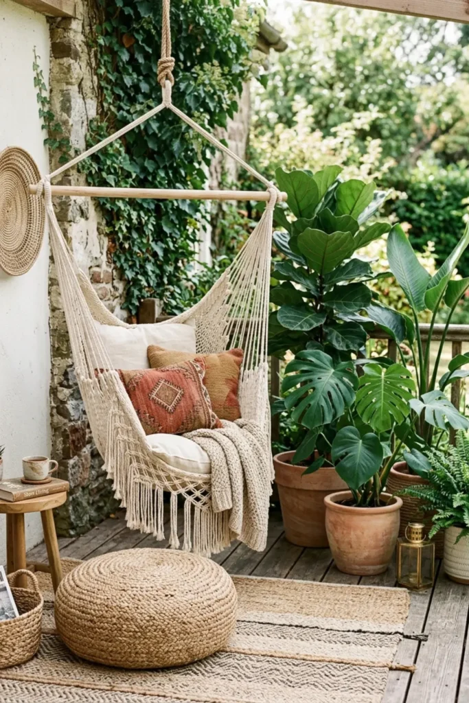 Boho chic patio corner styled with a hanging macrame hammock chair and potted plants.