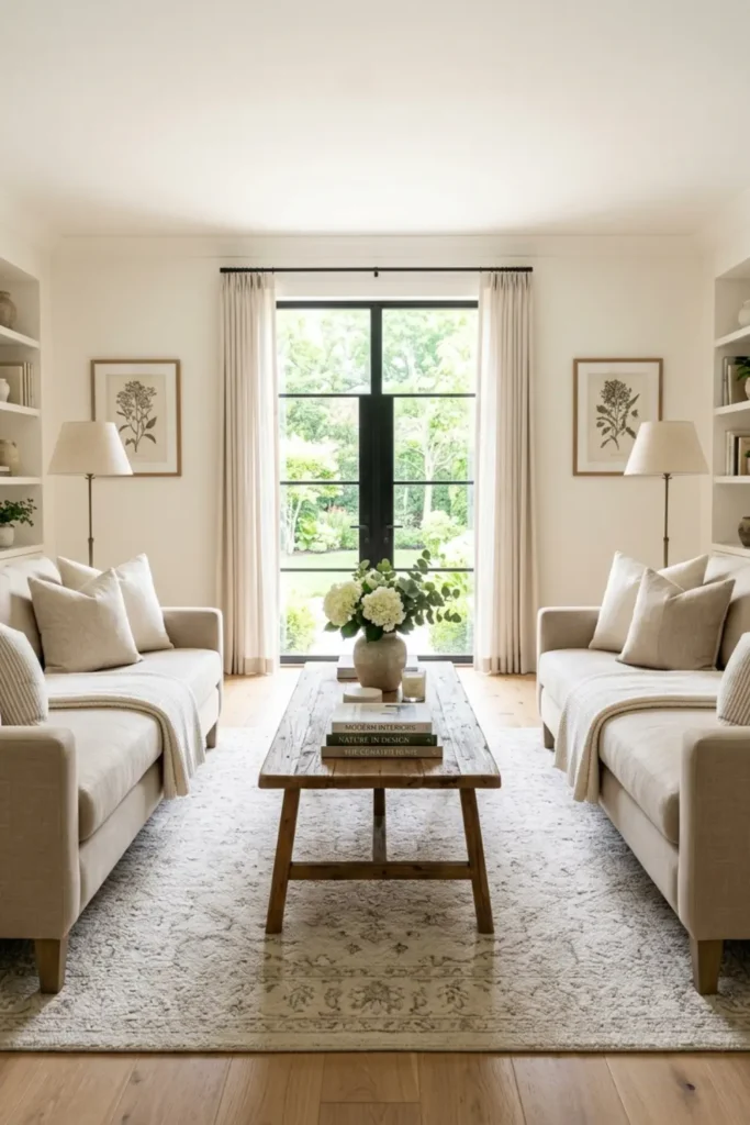 Symmetrical family room layout with two matching sofas.