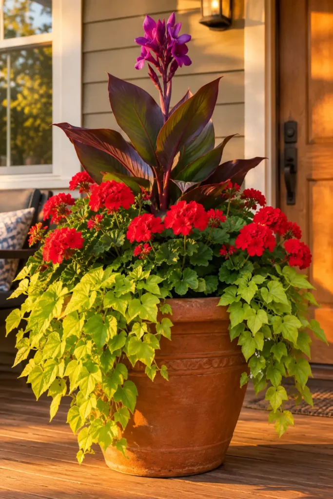 Front porch planter with canna lily, red geraniums, and trailing sweet potato vine demonstrating the thriller-filler-spiller flower arrangement technique
