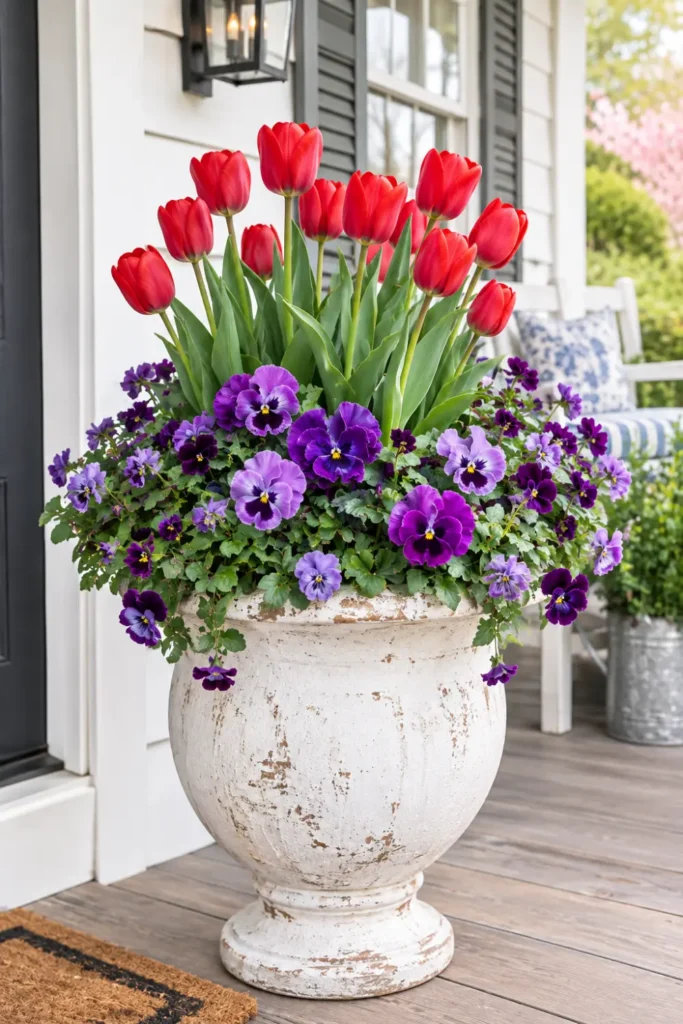 White ceramic urn on front porch filled with red tulips and purple pansies for a spring front porch flower idea