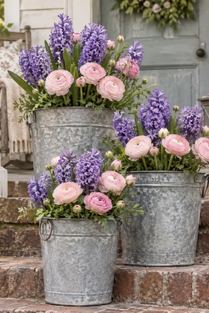 Galvanized metal buckets of purple hyacinths and pink ranunculus arranged on front porch steps