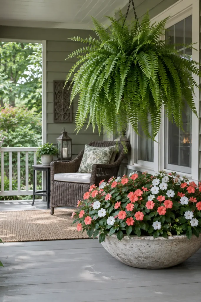 Hanging Boston fern paired with coral and white impatiens on a shaded front porch