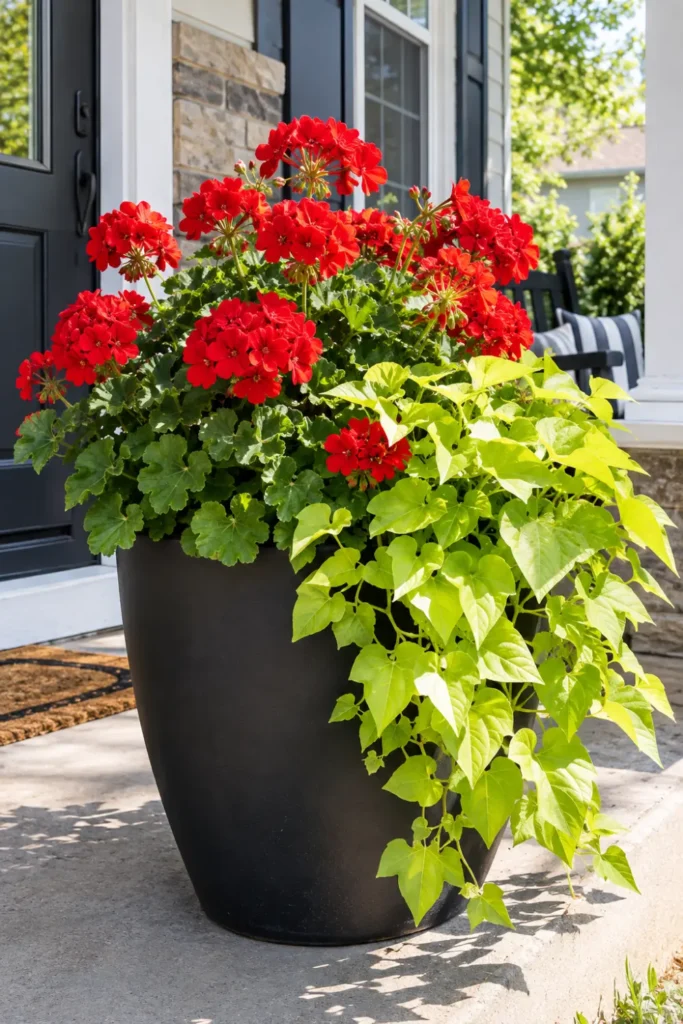 Black planter with red geraniums and chartreuse sweet potato vine on a sunny summer front porch