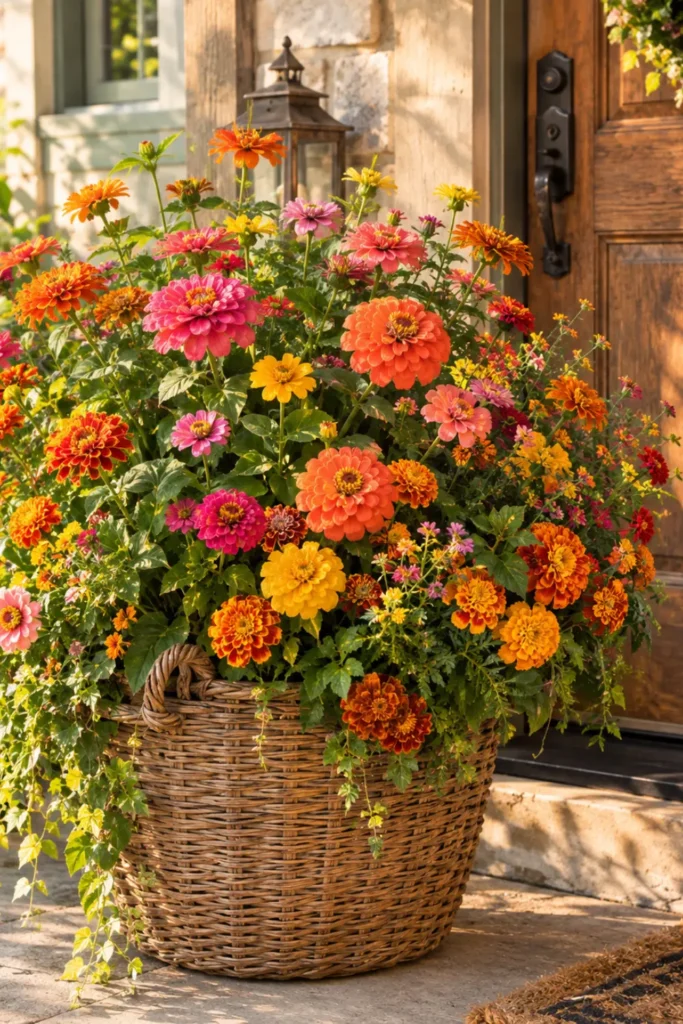 Wicker basket planter filled with orange, pink, and yellow zinnias and marigolds beside a front door