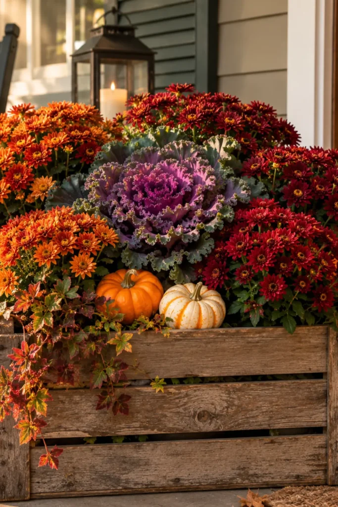 Wood crate planter with rust-colored mums and purple ornamental kale for fall front porch decor