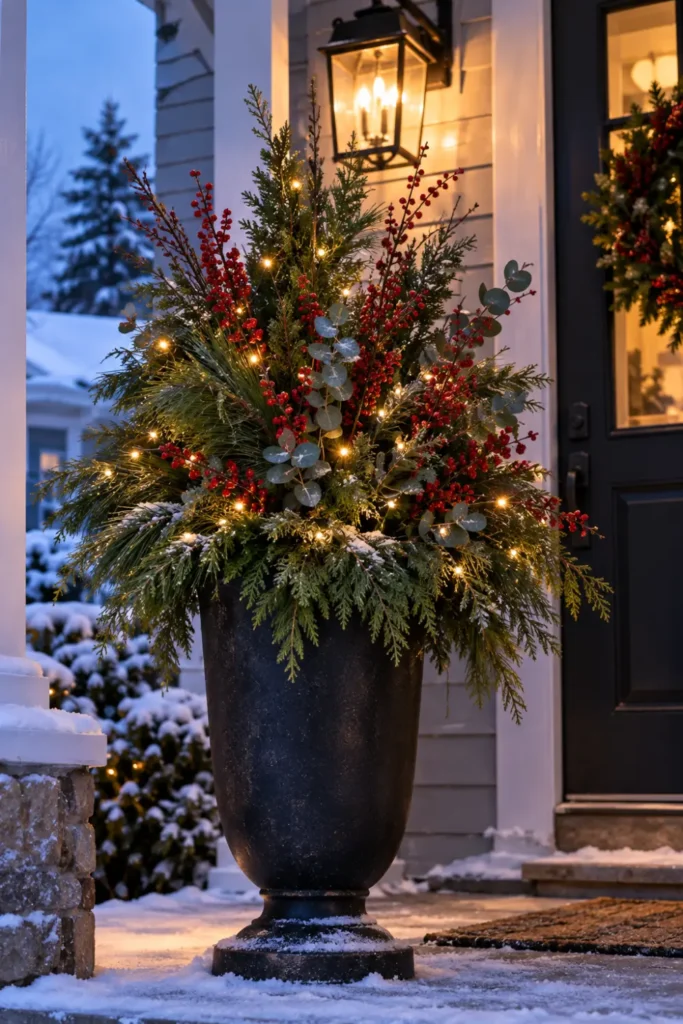 Tall urn with cedar, pine, eucalyptus, and red winterberries decorated with string lights on a winter porch