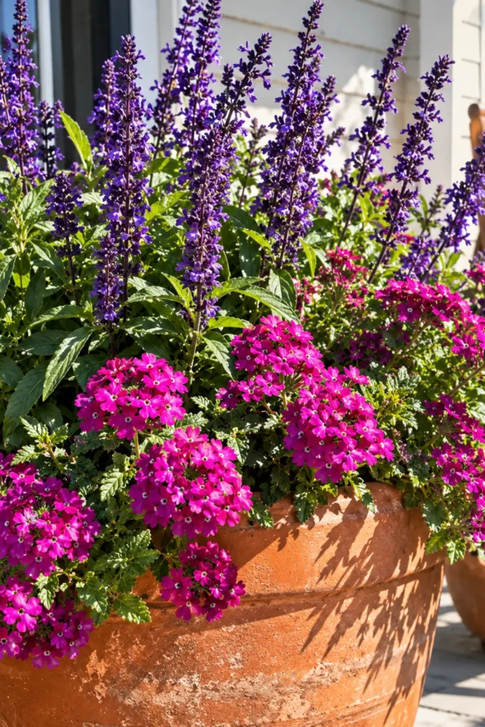 Terracotta pot with purple salvia and magenta verbena for a full-sun front porch flower idea