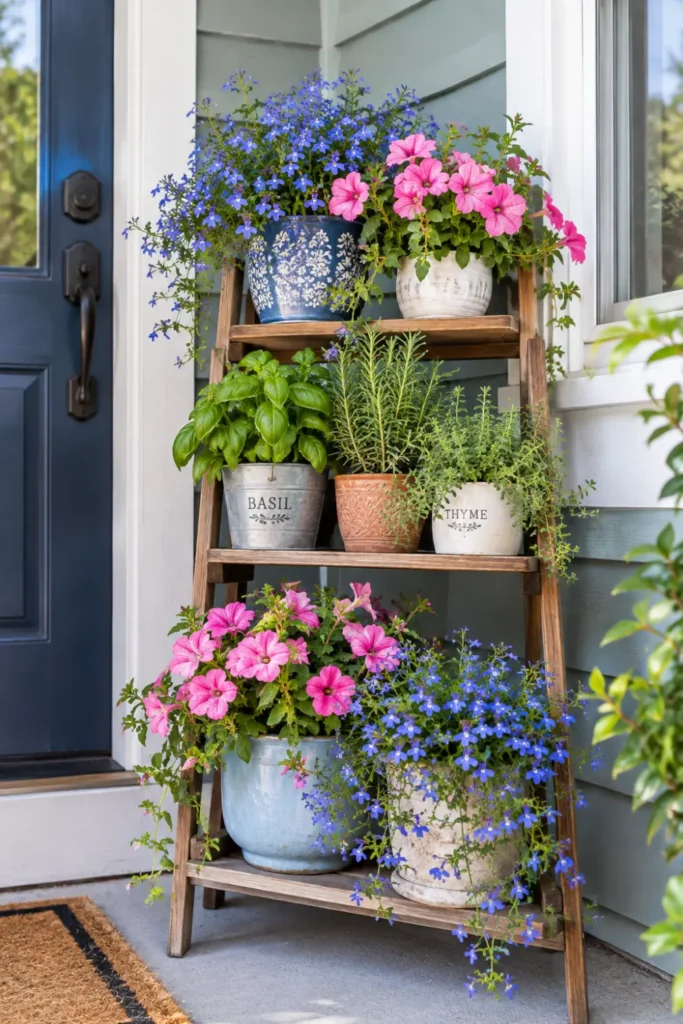 Three-tier plant stand with trailing lobelia, petunias, and herbs on a small front porch