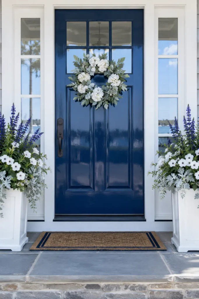 Navy blue front door flanked by white petunias and blue salvia planters in a coastal color scheme