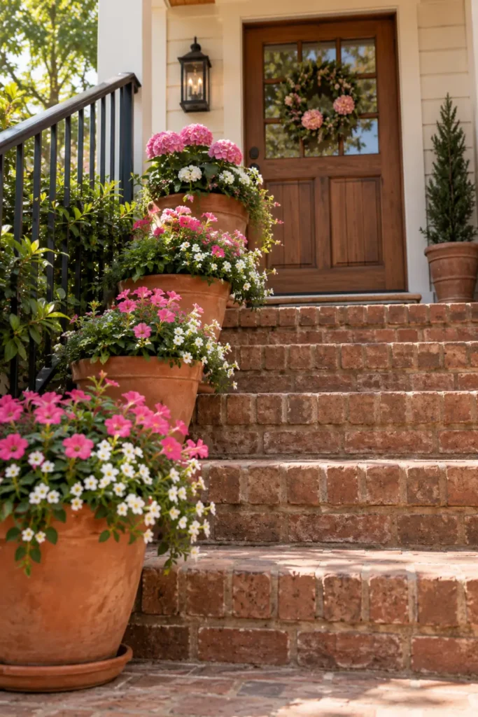 Graduated terracotta pots of pink and white flowers arranged along brick porch steps leading to the front door