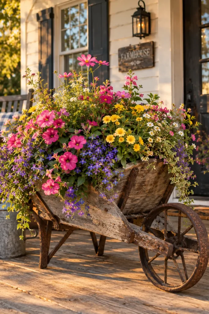 ntique wheelbarrow repurposed as a planter overflowing with mixed cottage garden flowers on a farmhouse porch