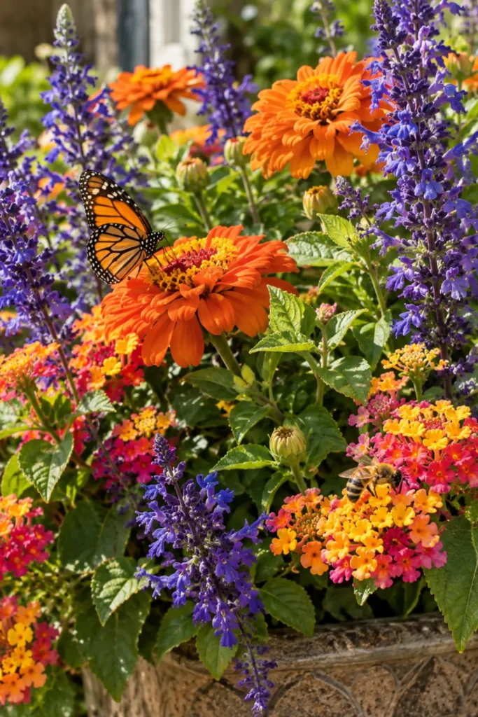 Zinnias, salvia, and lantana planter attracting a butterfly and bee on a pollinator-friendly front porch