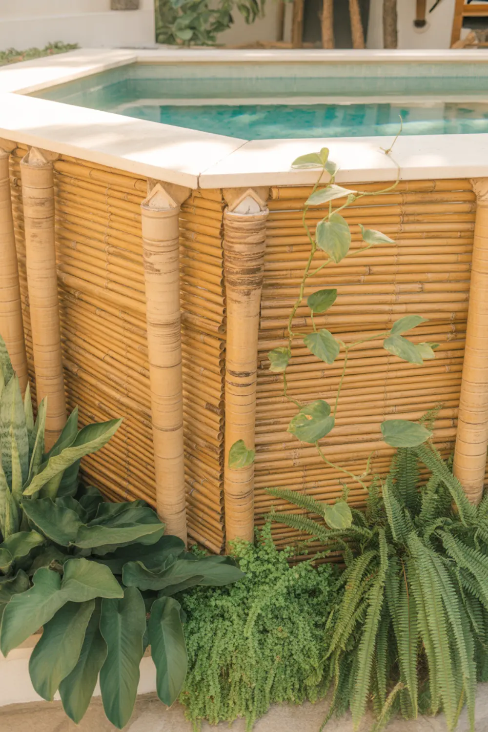 Above ground pool hidden with natural bamboo reed fencing.