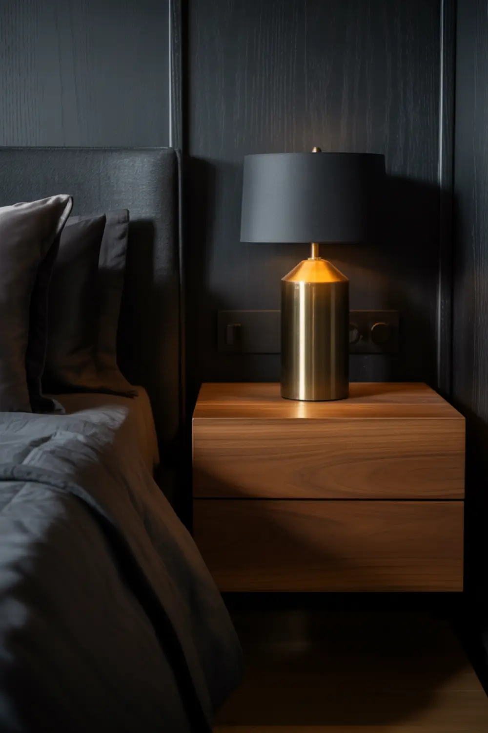 Floating walnut nightstand with a brass lamp in a moody black bedroom with charcoal walls.