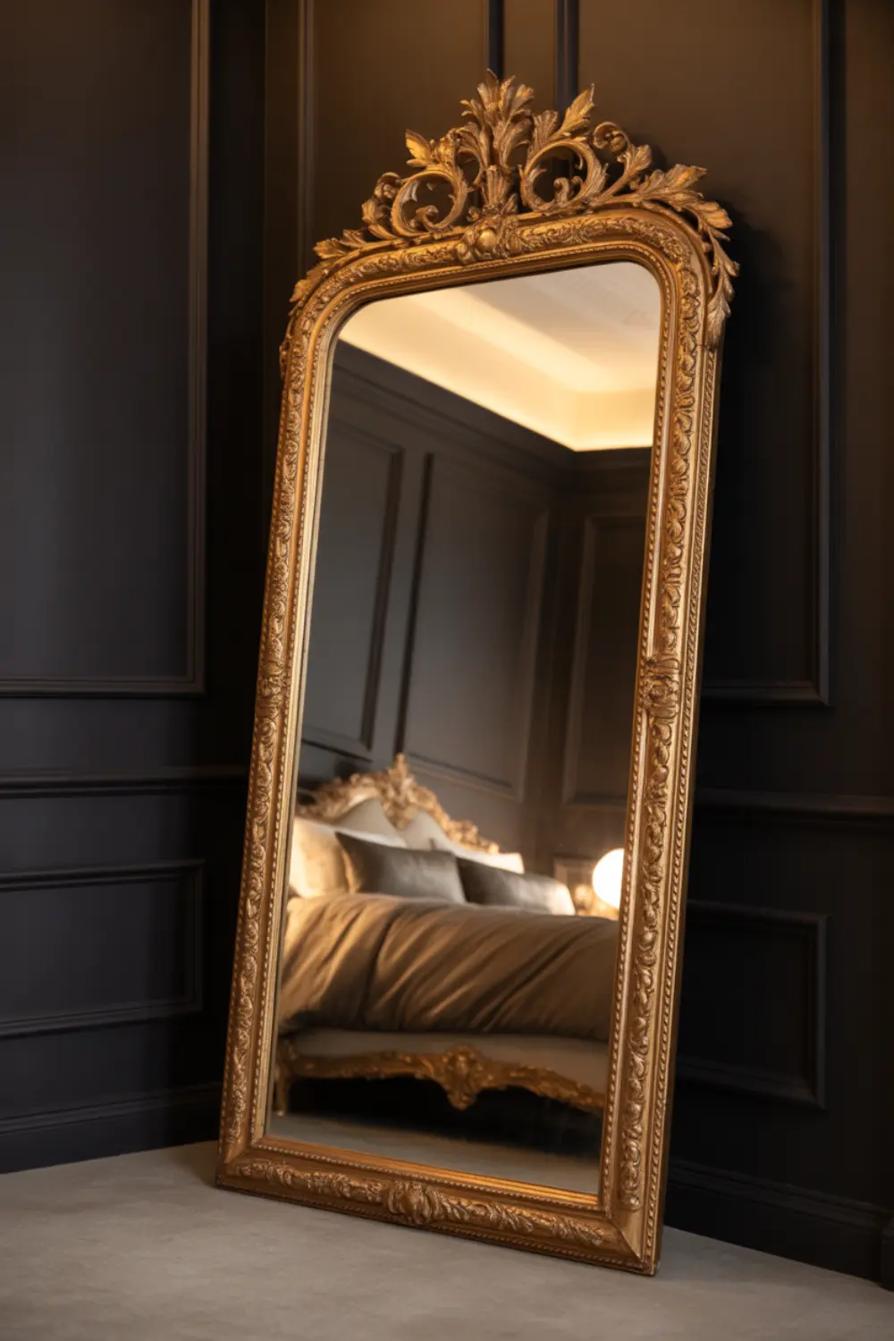 Oversized gold antique floor mirror leaning against a dark black bedroom wall.