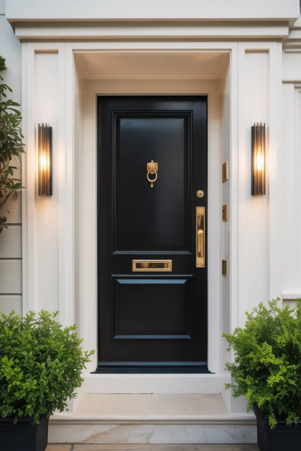 Sleek jet black front door on a white house with shiny brass hardware and modern wall sconces.