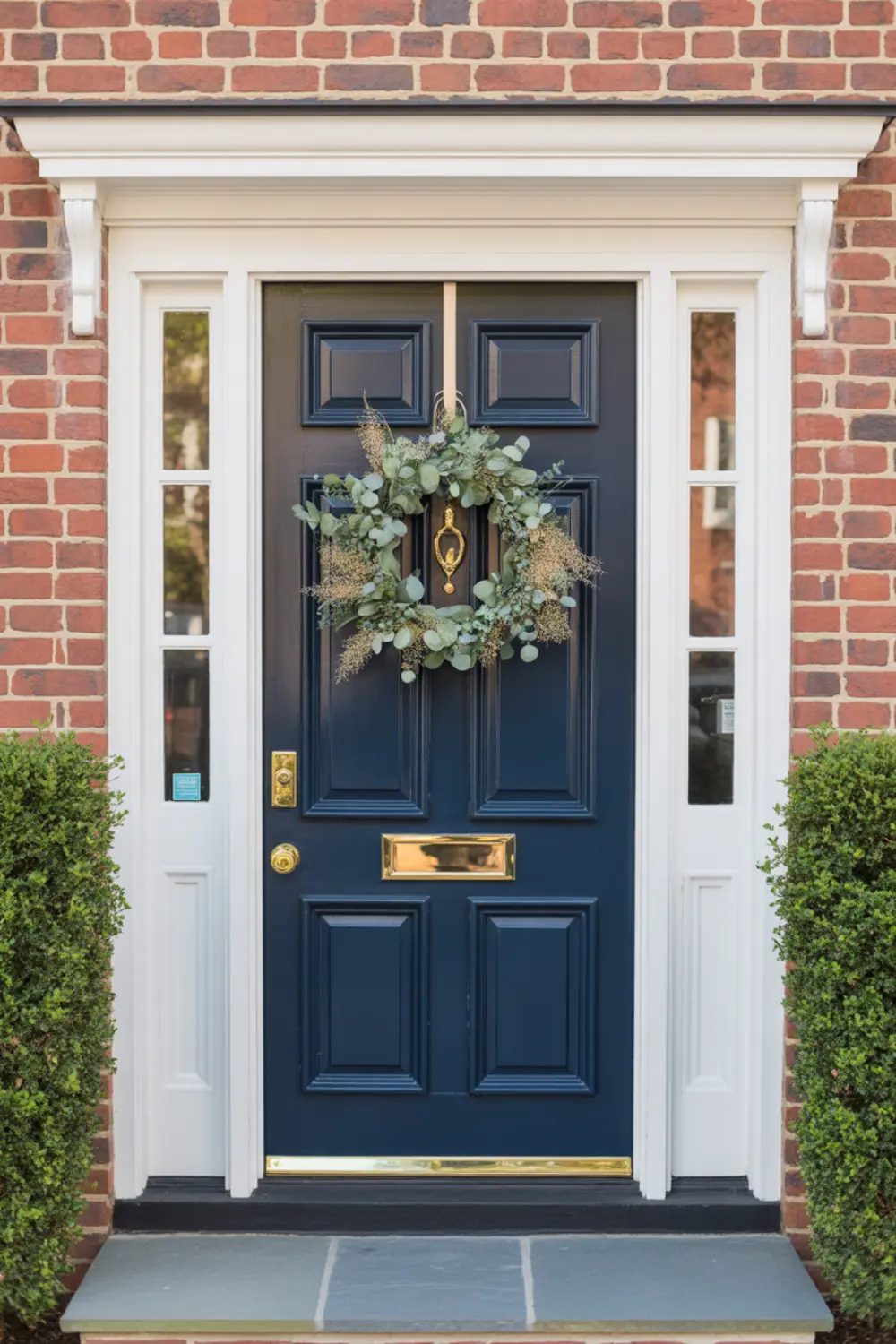 Deep navy blue front door on a red brick house decorated with a fresh green wreath.