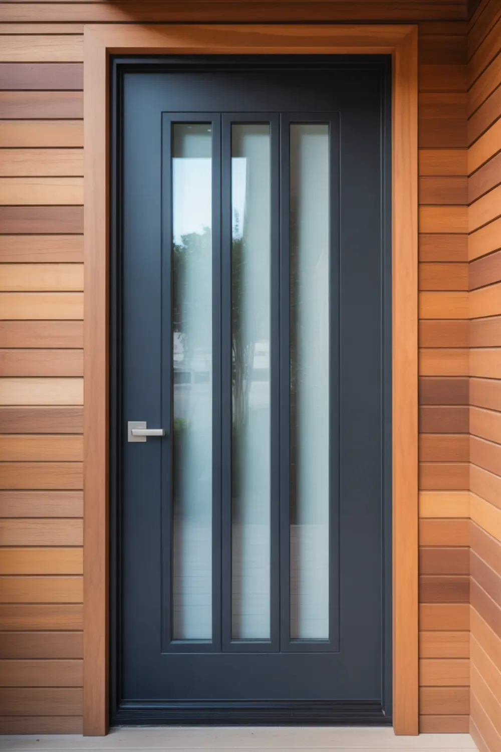 Modern charcoal gray front door with frosted glass panels on a wood-sided home.