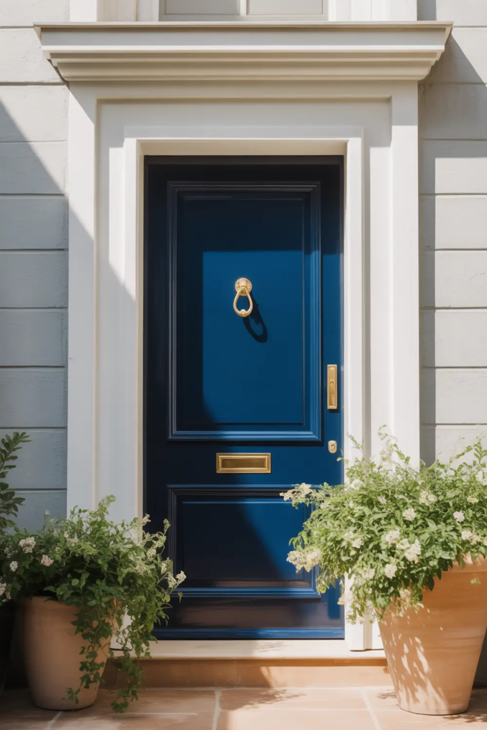 Midnight blue front door on a white stucco home with large terra cotta planters.