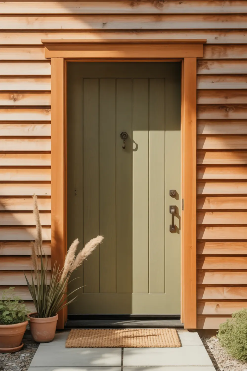 Olive green front door surrounded by natural cedar wood siding.