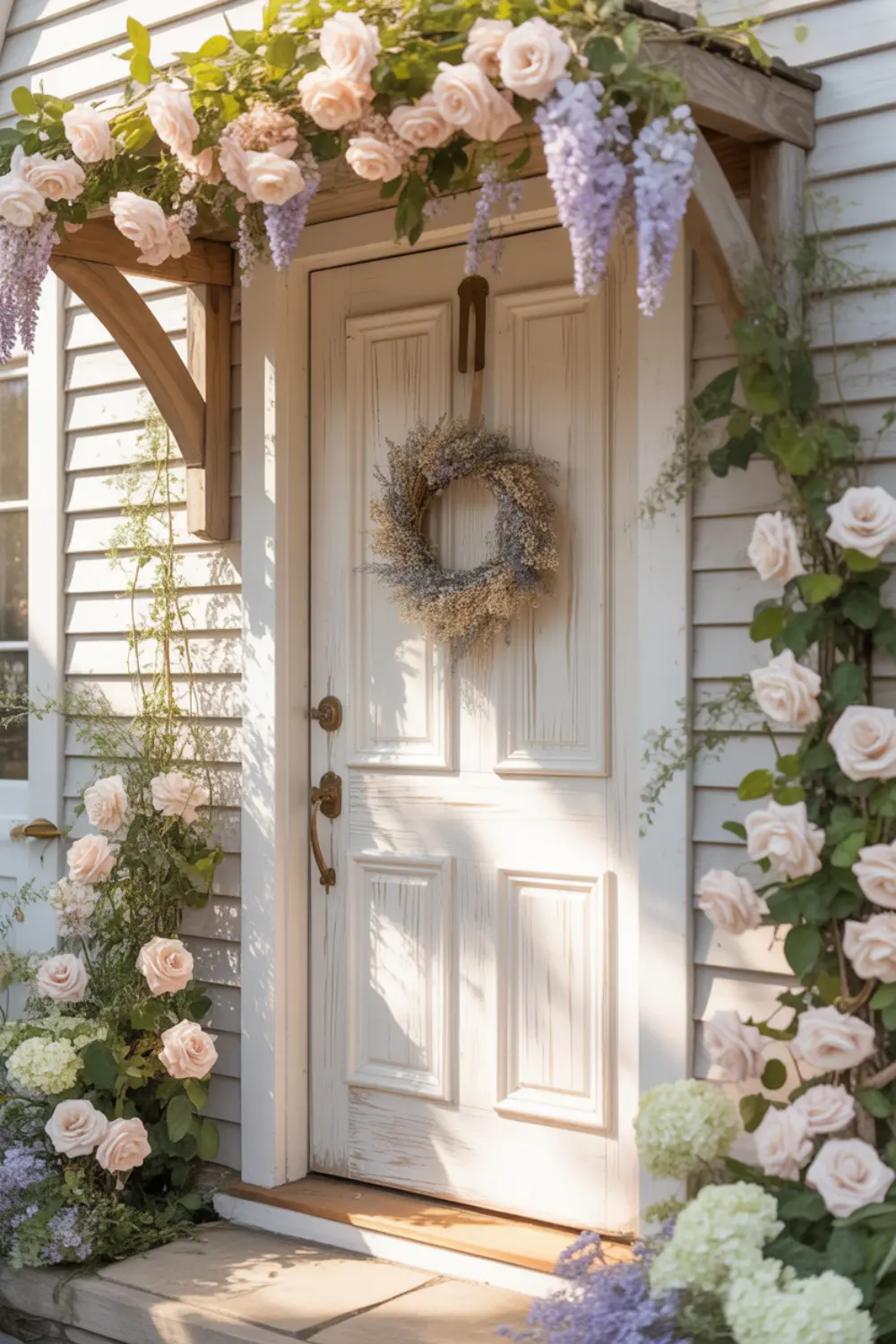 Whitewashed wood front door on a flower-filled cottage home.