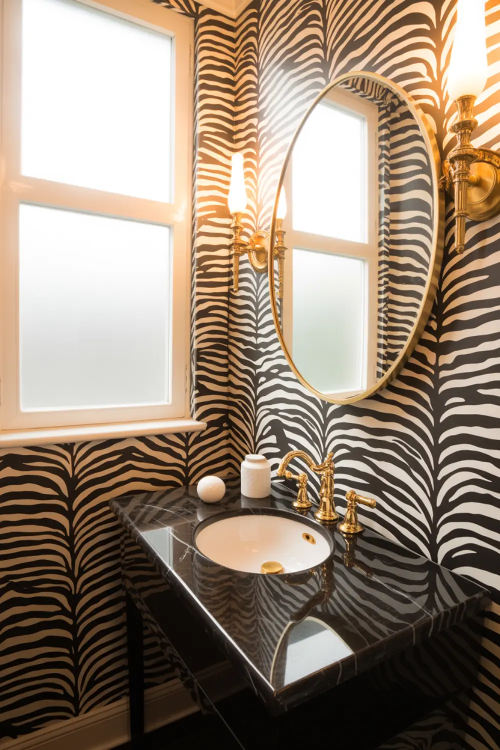 Glamorous powder room with zebra print wallpaper, black marble vanity, and gold fixtures.
