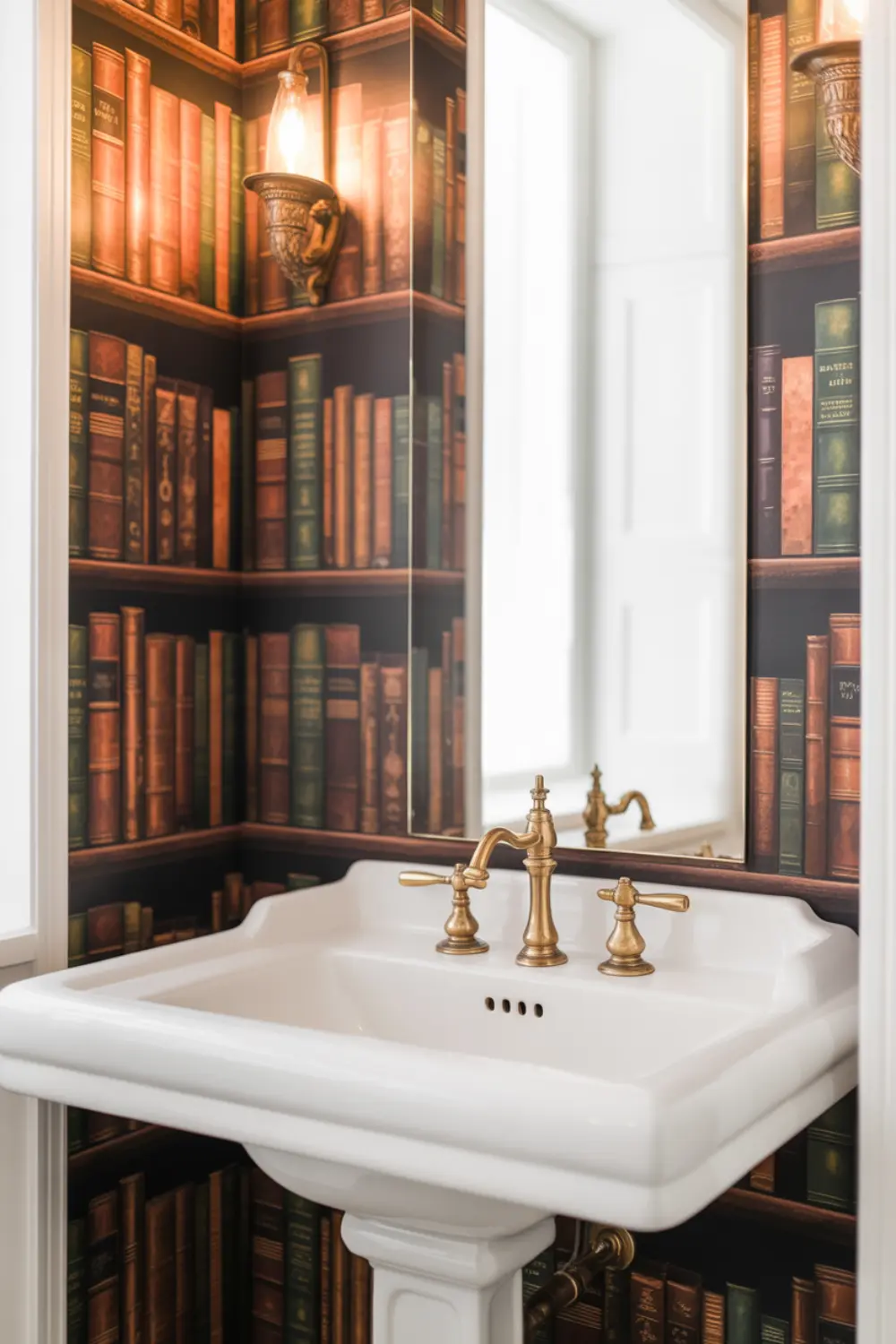 Cozy powder room with bookshelf wallpaper, brass sconce, and porcelain sink.